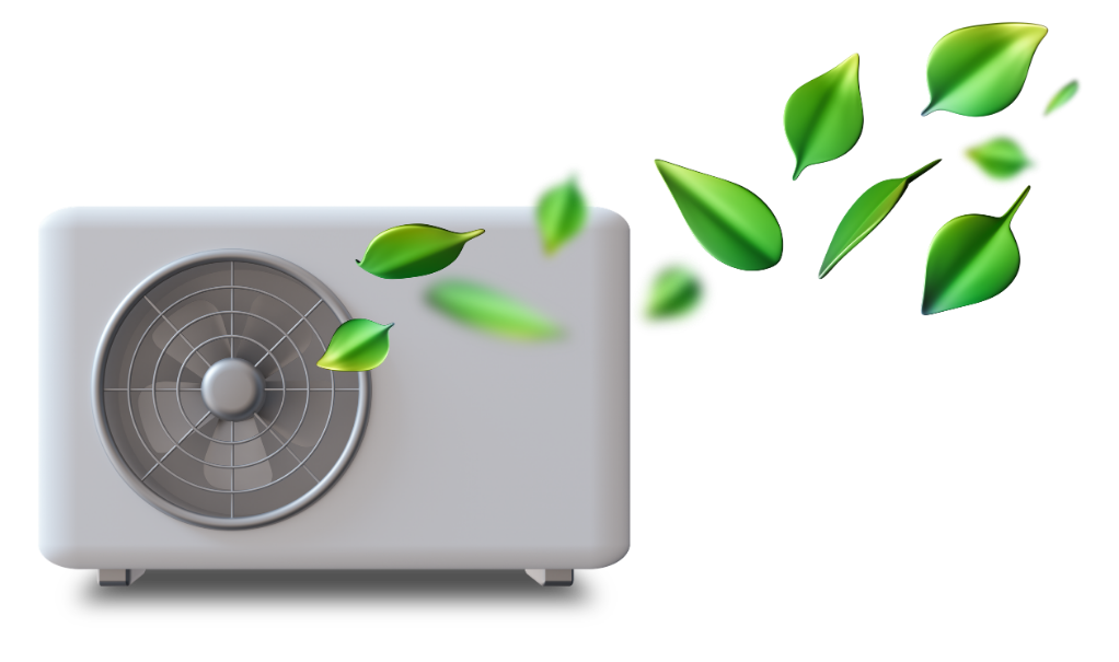 Air source heat pump with green leaves representing energy efficiency