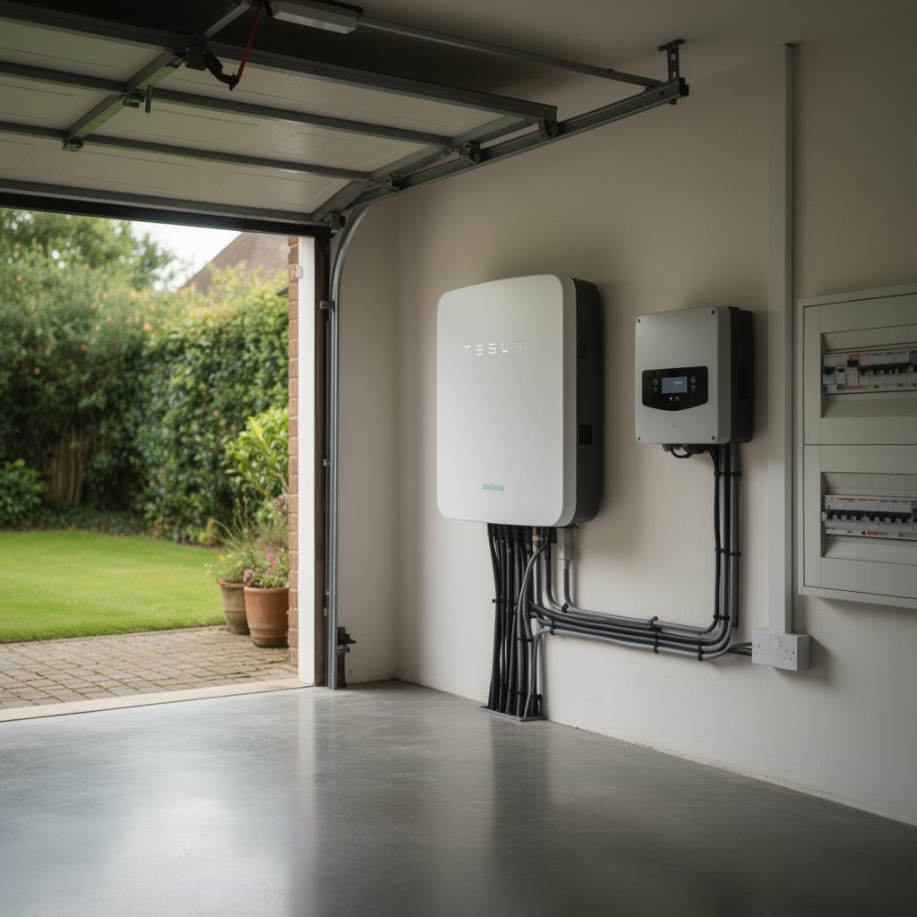 Home battery storage unit mounted next to a solar inverter in a UK garage