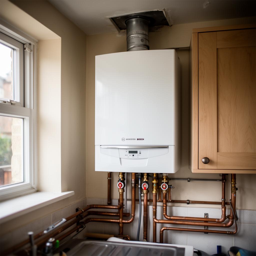 Modern white combi gas boiler installed on a UK kitchen wall
