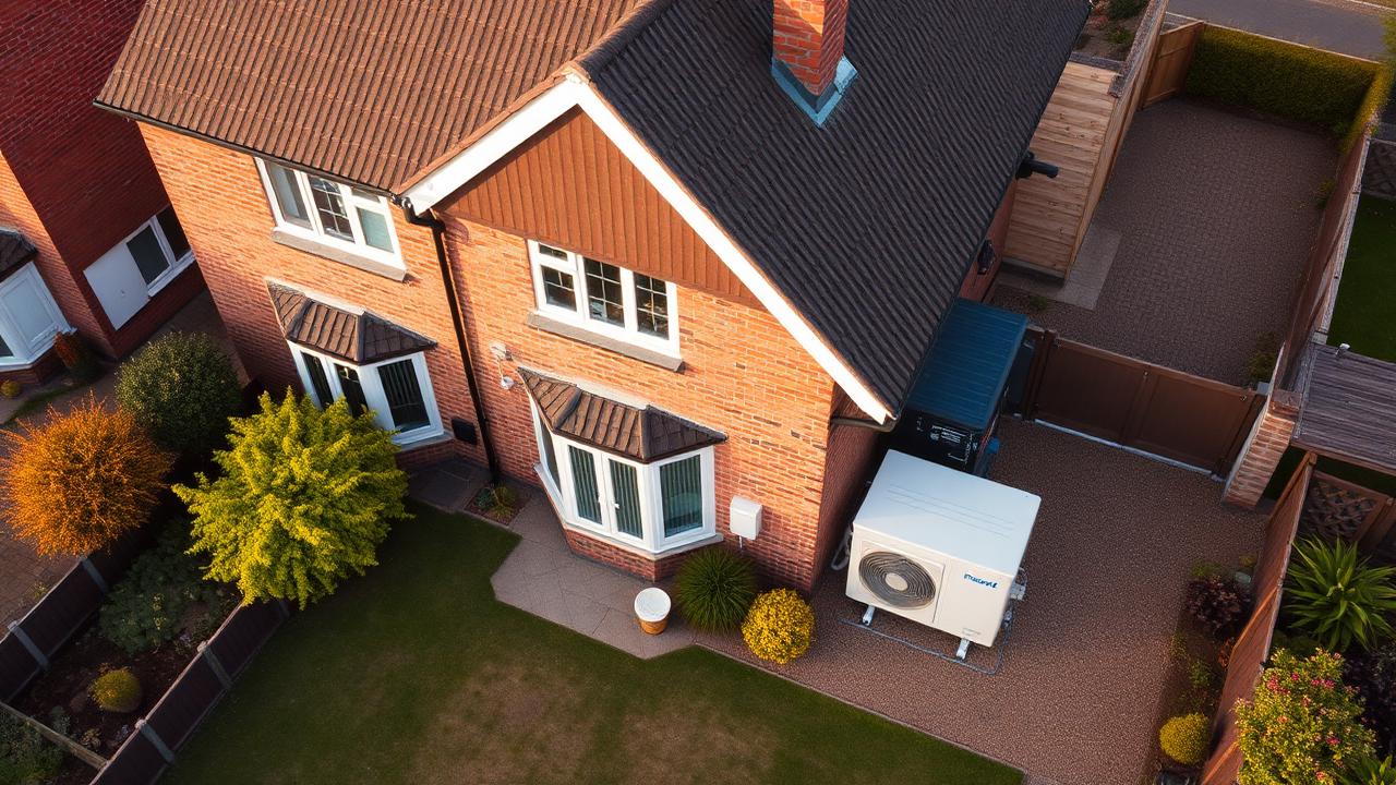 Aerial view of a UK home with an air source heat pump in the garden