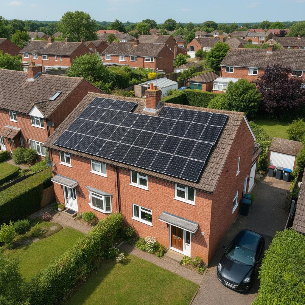 Aerial view of solar PV panels installed on a UK terraced house roof